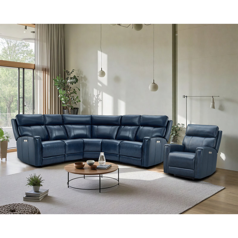 Un fauteuil modulaire inclinable électrique en cuir en forme de L et un fauteuil, Cuir véritable bleu, Alimentation