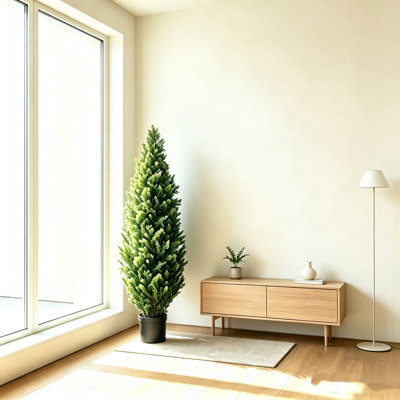Ensemble de 2 arbres topiaires en cèdre artificiel de 4 pi, plantes à feuilles persistantes résistantes aux rayons UV, faux arbustes décoratifs d'intérieur et d'extérieur pour porche, patio, jardin, entrée