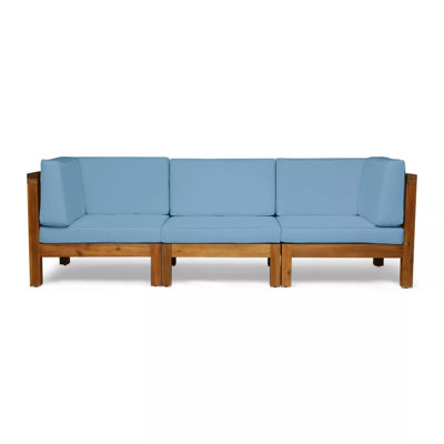  Outdoor X-Back 3-Seater Sectional Sofa with Acacia Wood Frame and Cushions, Blue