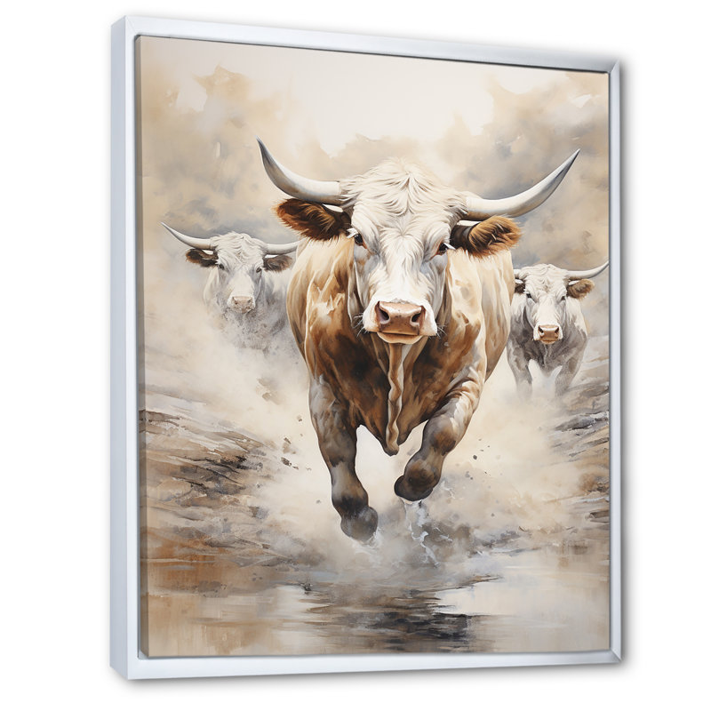 Beige bouvillon Stampede - impressions d'art mural de bovins, H 32 po x l 24 po x P 1 po, Cadre flottant blanc