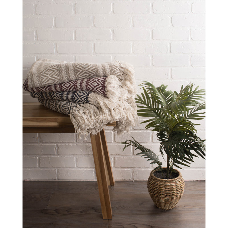 Navy and Off-White Cotton Striped Throw Blanket with Fringe