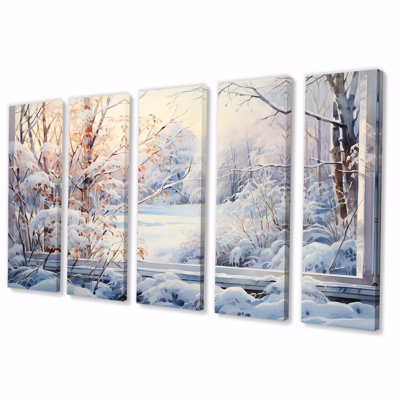 Winter River Window View III - Winter Landscape, ensemble d'art mural 5 pièces