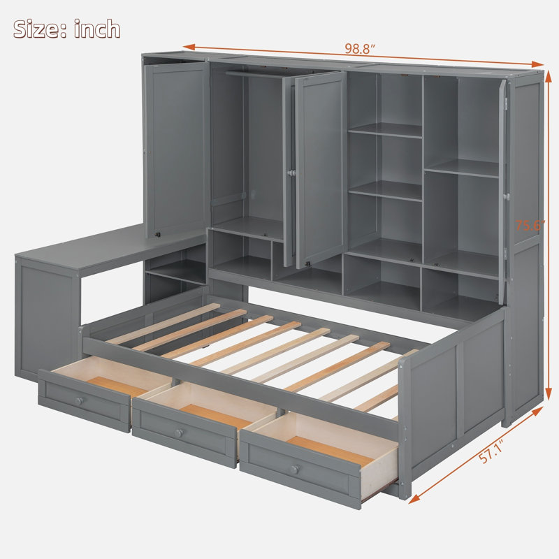 Wooden Daybed With Three Drawers, All-in-one Cabinet, Desk And Shelves, Gray, Twin