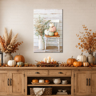 Fall Wall Art, Pumpkin Canvas Wall Art, Autumn Wall Art With Rustic Chair And Flowers, Warm Farmhouse Style Fall Pictures Wall Decor For Living Room Or Entryway, 12×18 in
