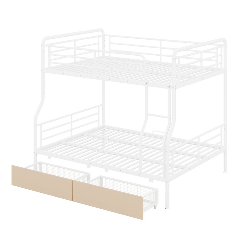 Lit superposé en métal avec 2 tiroirs, barrière de sécurité et lattes robustes, divisé en 2 lits séparés, Blanc
