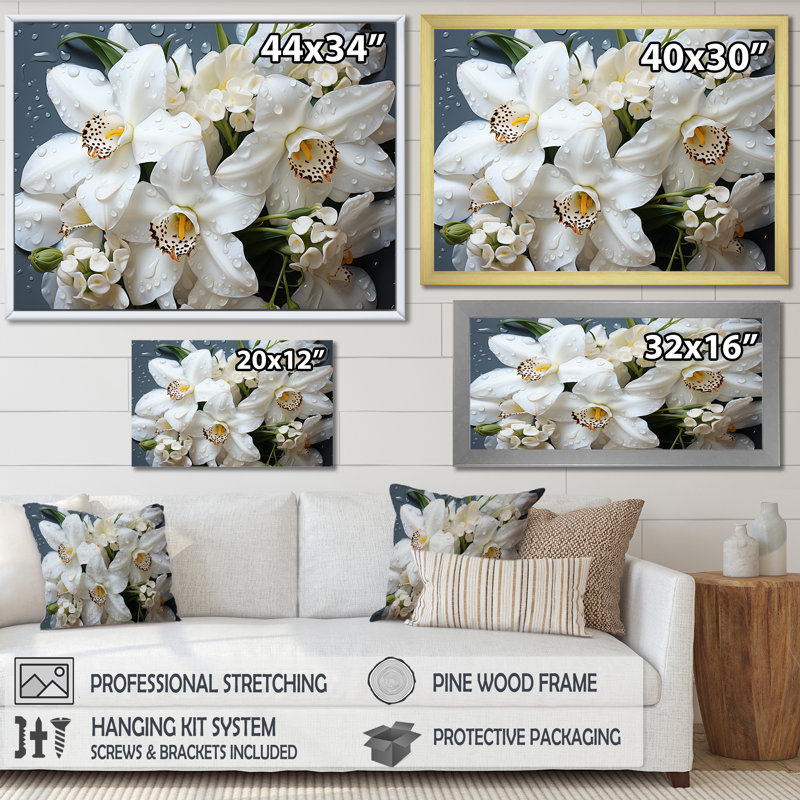 «White Orchids Still Life», reproduction d'art sur toile, H 12 po x l 20 po x P 1 po, Cadre flottant noir