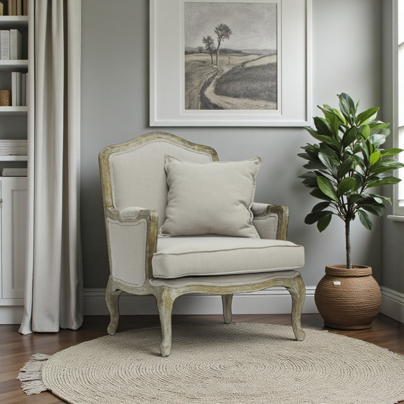 Domingo Upholstered Armchair in Neutral Gray-Beige Linen, 37.25'' H X 29.25'' W X 29'' D