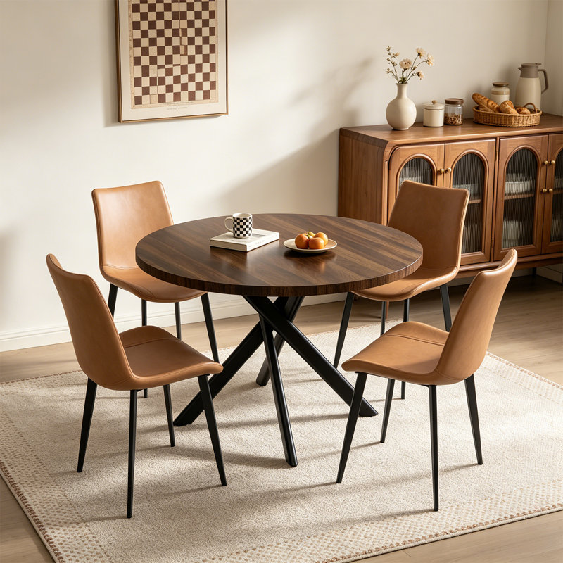 43.5 Inch Round Dining Table Set For 4, 5-Piece Wooden Table With Metal Leg Dining Chairs, Mid Century Modern Small Coffee Set For Dining Room Kitchen Apartment