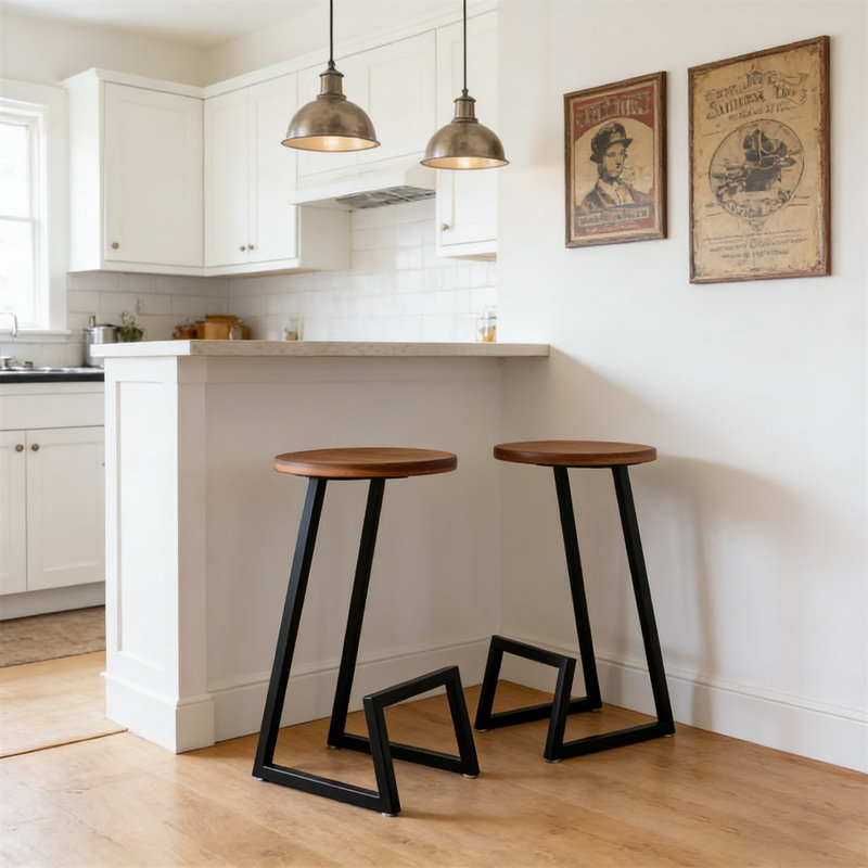 Ensemble de 2 tabourets de bar à hauteur de comptoir avec repose-pieds, siège en bois massif et pieds en métal - Tabouret pour îlot de cuisine sans accoudoirs