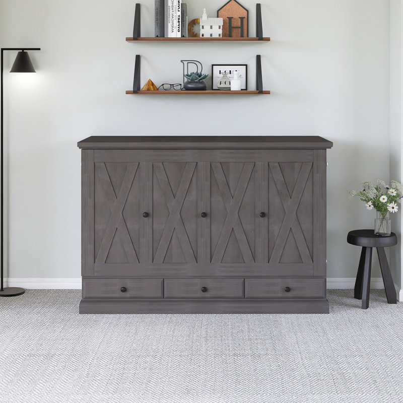 Lit escamotable en bois massif avec station de charge, tiroirs, Gris, Lit double