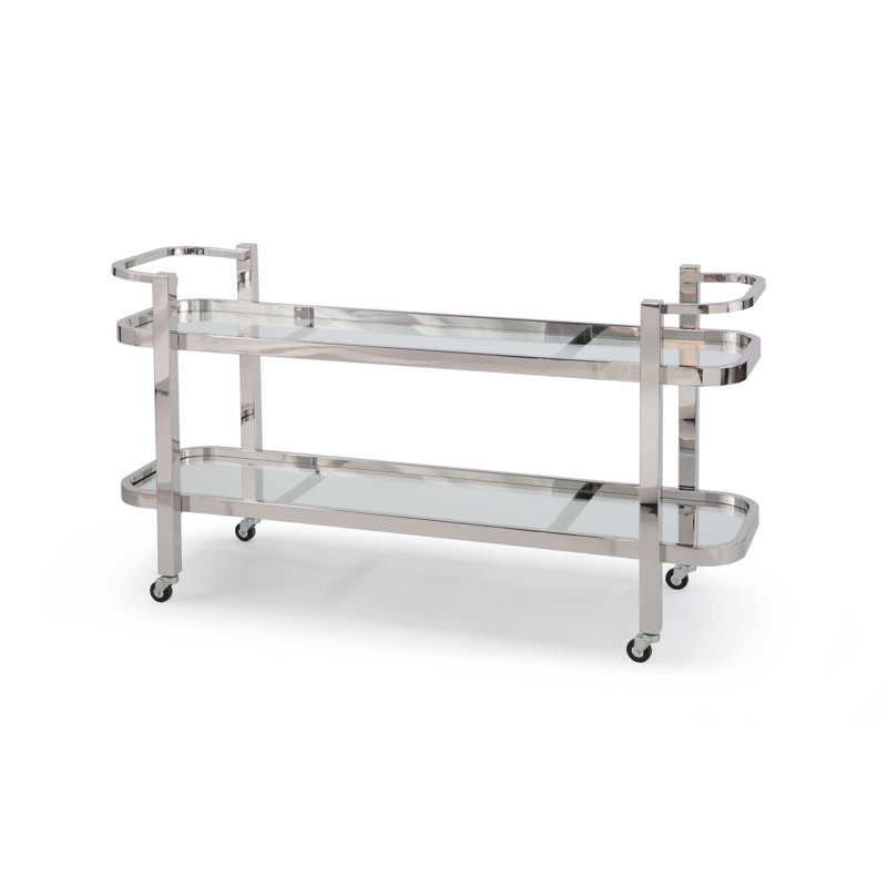 Carter Polished Stainless Steel Rectangular Bar Cart with Glass Shelves