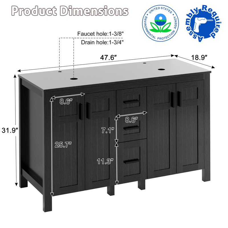 Meuble-lavabo double lavabo de 122 cm (48 po) seulement, lavabo et robinetterie non inclus, Black