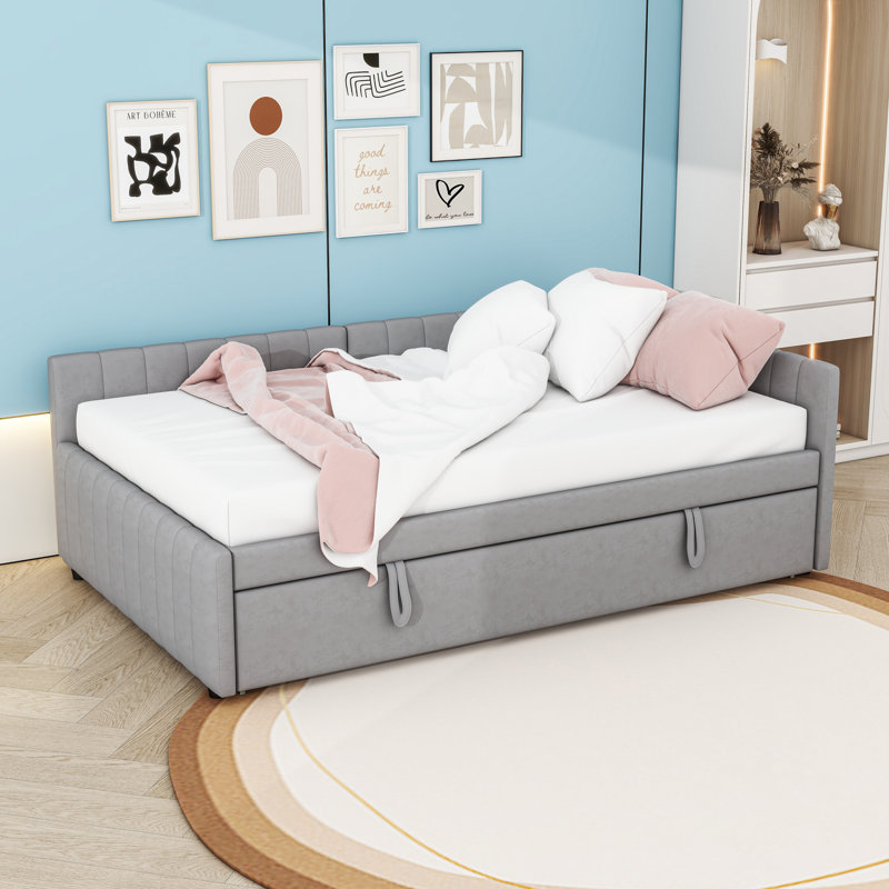 Full Size Upholstered Daybed with L-Shaped Backrest and Twin Trundle, Gray