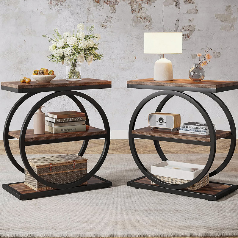 Ensemble de 2 tables de bout, table d'appoint industrielle étroite avec 3 tablettes de rangement, table de chevet en bois pour le salon et la chambre à coucher