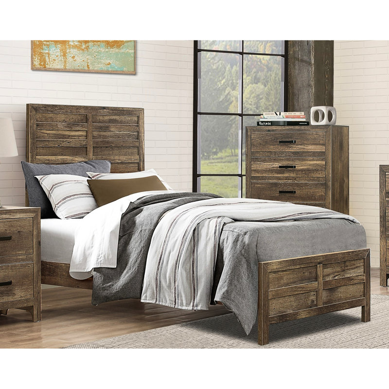 Structure de lit simple de style rustique avec ligne moderne, finition en pin vieilli, tête de lit et rails inclus, meuble de chambre à coucher, sommier essentiel, assemblage simple avec lignes, rails, moût