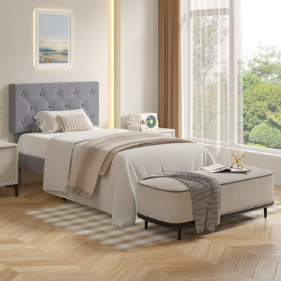 Twin Size Bed Set Upholstered Platform With Adjustable Diamond Tufted Headboard