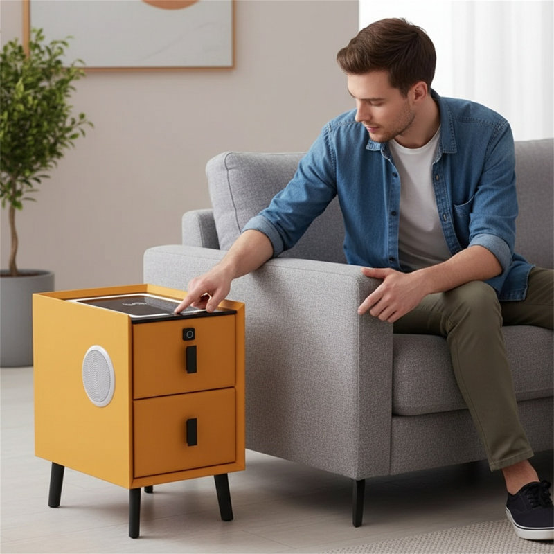 Table de chevet multifonctionnelle avec structure en acier au carbone et armoire en bois de pin