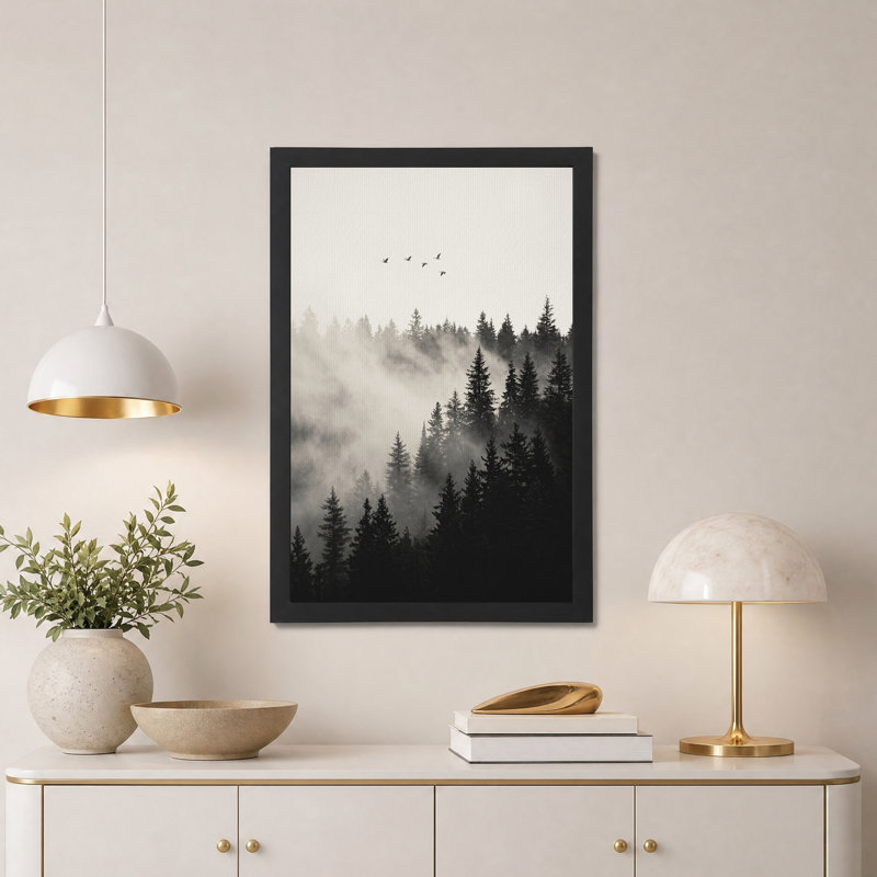 Forêt monochrome avec oiseaux - Décoration murale moderne sur toile, 30"H x 20"W
