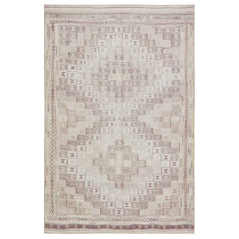 Machine Washable Geometric Power Loom Polyester Area Rug in Beige/Burgundy, Rectangle 7'6" x 10'