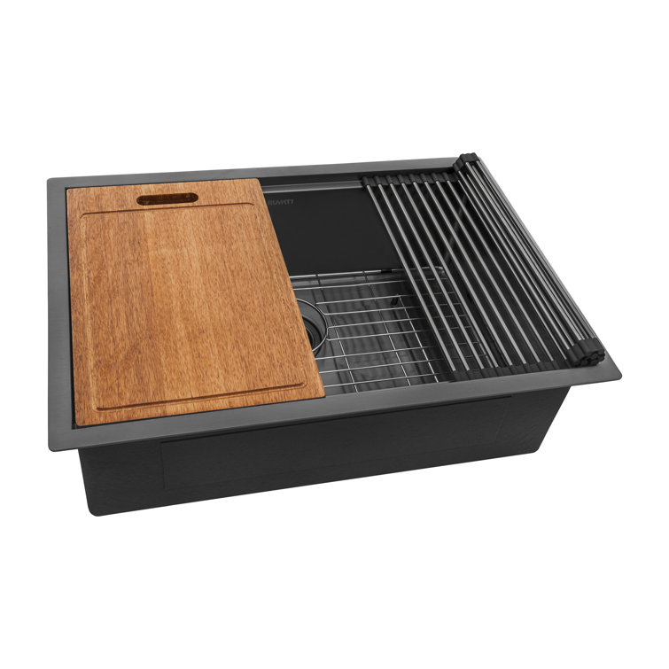 Workstation 27" L x 19" W Undermount Kitchen Sink with Sink Grid and Drain Assembl