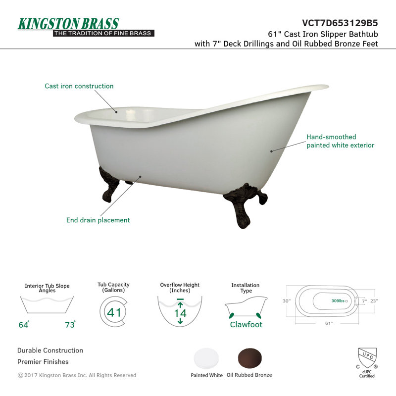 Kingston Brass Aqua Eden 61-Inch Cast Iron Oval Single Slipper Clawfoot Tub (7-Inch Faucet Drillings), Oil Rubbed Bronze