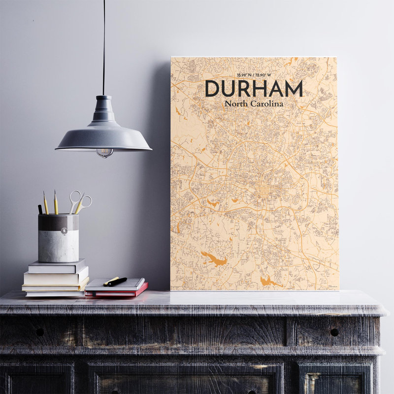 Durham City Map, impression, H 27,6 po x l 19,7 po, Orange / or pâle