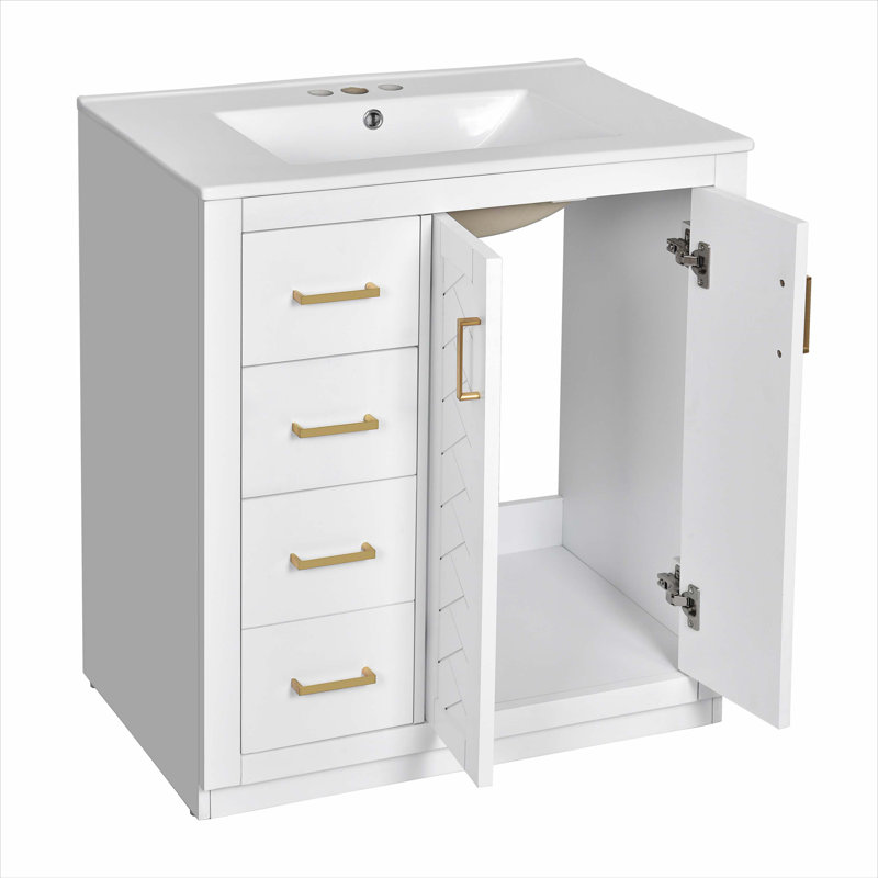 Meuble-lavabo 30 po avec lavabo en céramique et meuble de rangement en bois massif, Blanc