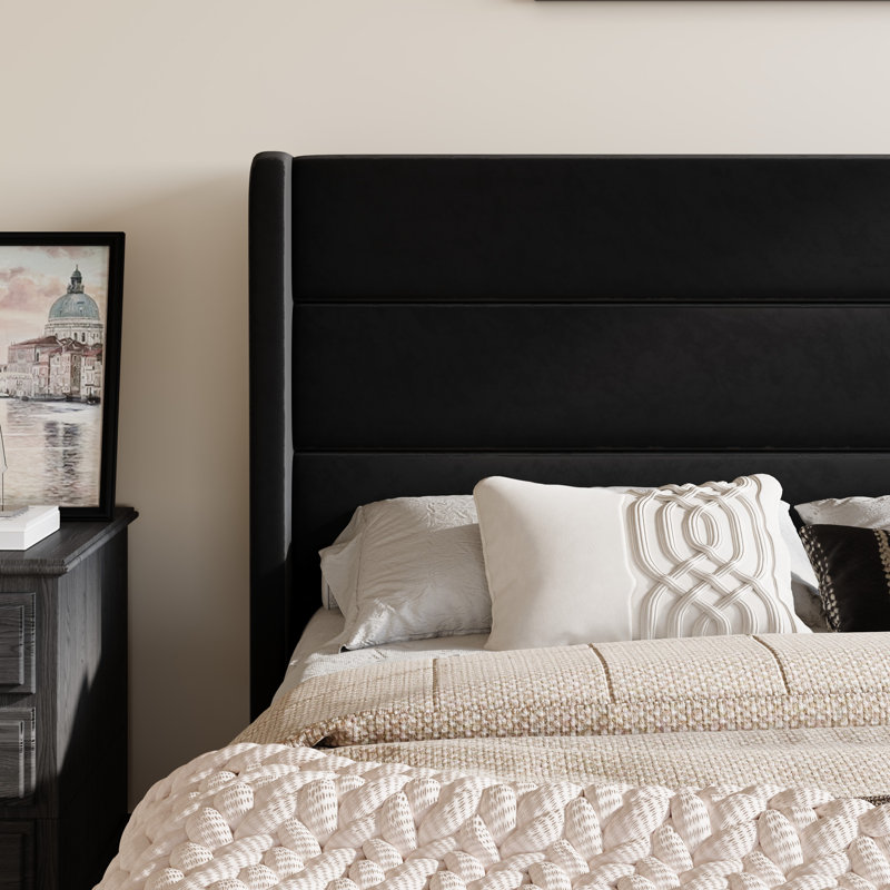 Modern Velvet Upholstered Platform Bed With Wooden Slats Wingback Headboard Included, Full, Black