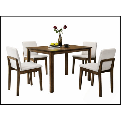 Ensemble de salle à manger 5 pièces au fini noyer foncé avec chaises en tissu beige, table en placage de bois d'hévéa pour les maisons modernes et traditionnelles
