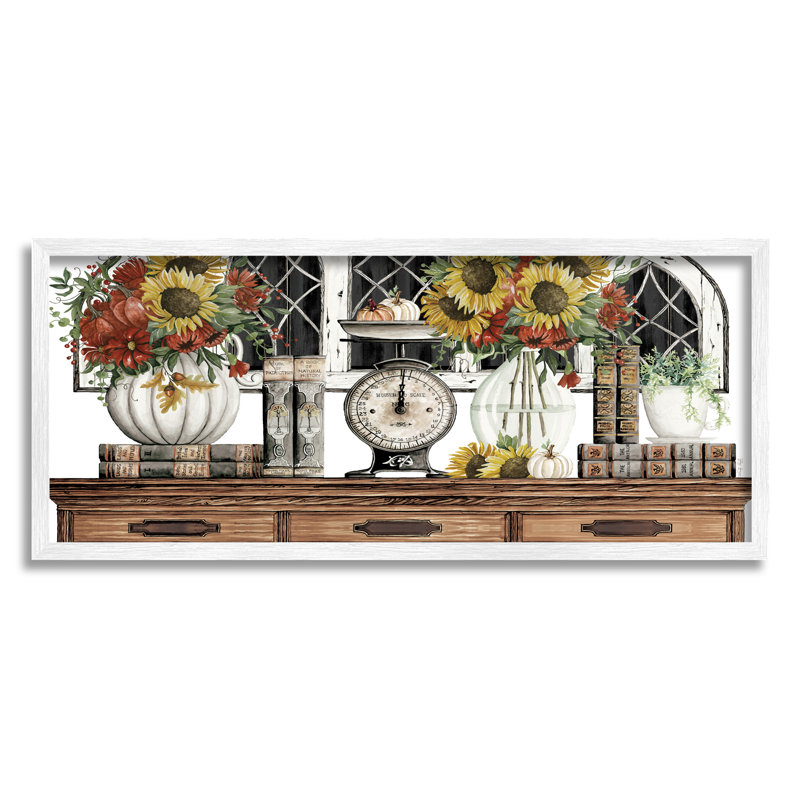 Tournesols sur des meubles antiques, H 13 po x l 30 po x P 1,5 po, Giclée encadrée blanc bord de mer