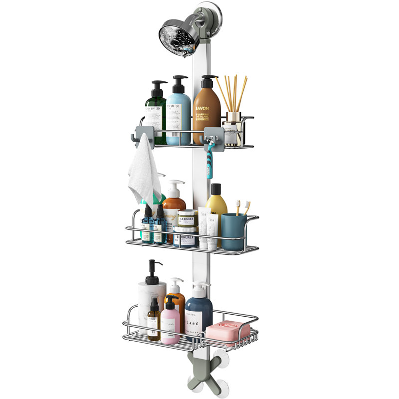 Shower Caddy Hanging Never Rust Shower Organizer Aluminum Over The Head Caddy With 2 Hooks For Razor/sponge Rack With Soap Basket - Silver