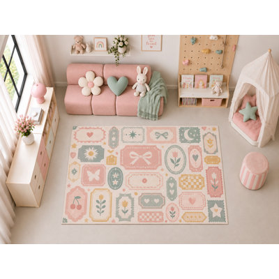 Tapis décoratif vintage « ultra-fin » 152 x 213 cm (5 pi x 7 pi) avec collage d'étiquettes, idéal pour chambre d'enfant, crèche, salle de classe et salle de jeux. Doux et à poils courts, avec revêtement antidérapant en silicone.