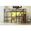 Lit mezzanine double en métal avec bureau, escalier de rangement, petite armoire et lumière DEL