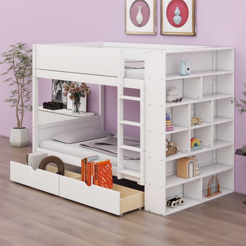 Lit superposé avec 2 tiroirs et tablettes, Lit simple, Blanc