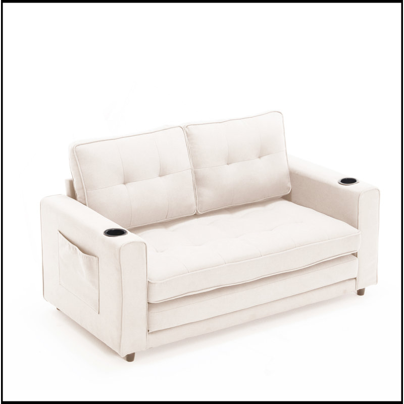3-In-1 Upholstered Futon Sofa Convertible Sofa Bed,Foldable Tufted Loveseat With Pull Out Sleeper Couch Bed,Folding Mattres Love Seat Daybed W/Side Pockets And Cup Holder
