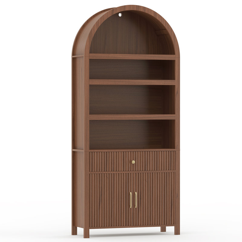 Armoire arquée de 71 po de hauteur, bibliothèque Mid-Century moderne à 6 niveaux avec portes et tiroir, tablettes réglables, bibliothèque cannelée avec rangement pour le salon, la cuisine, le bureau personnel, le chêne