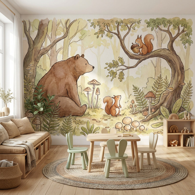Murale écureuil d'ornement forêt fantaisiste, Peler et coller, L: 112 po x H: 72 po
