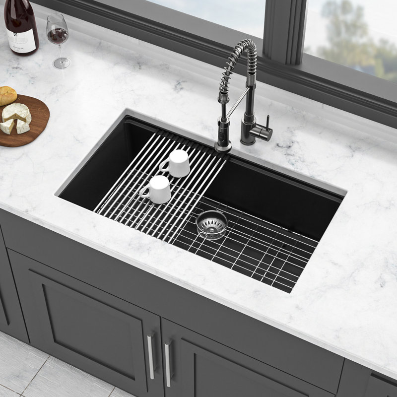 Black Granite Composite Undermount Kitchen Sink 33X19" - With Included Perks Quartz Workstation For Advanced Advantages