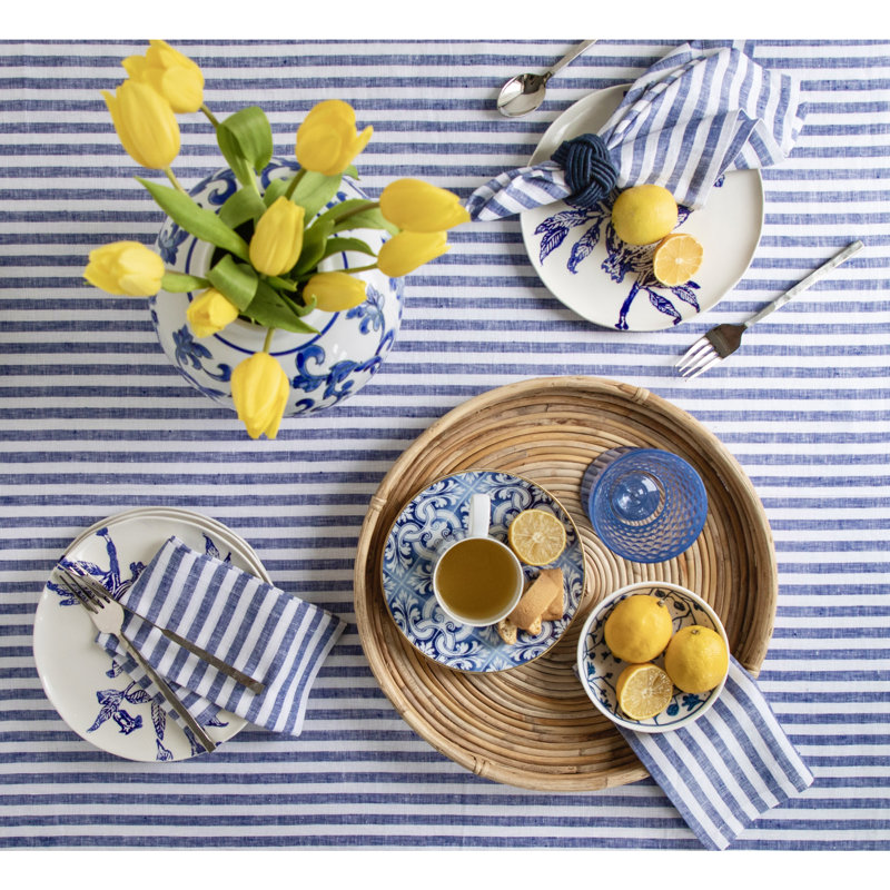 Navy and White Striped Linen Rectangular Tablecloth 60 x 90 Inch