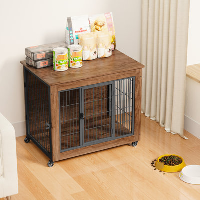 Meuble de 32 po pour chien avec roulettes pour petits chiens, chenil en métal à deux portes pour l'intérieur, table de bout en cage pour animal de compagnie, chien anxieux sécuritaire et confortable, bonne ventilation par visibilité, acier brun visible