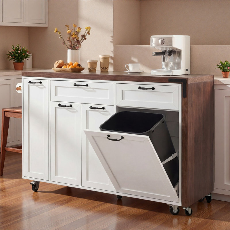 Îlot de cuisine mobile avec table de salle à manger extensible, armoire de rangement pour poubelles, étagère à épices coulissante à 3 niveaux et Whee