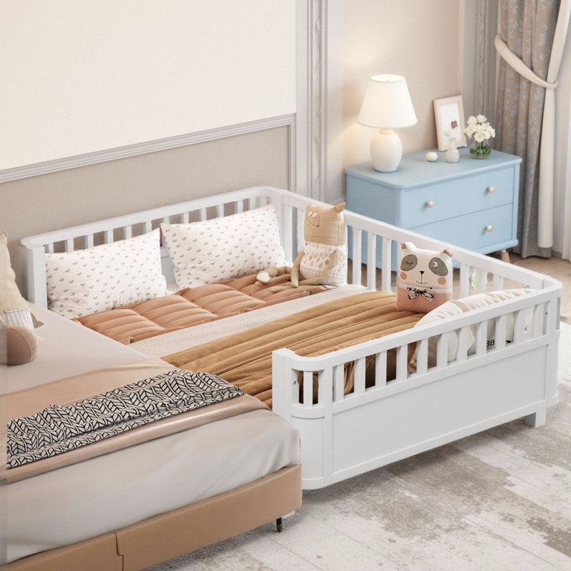 Lit plateforme pour tout-petits pour enfants avec barrière de sécurité amovible, Blanc, Lit double