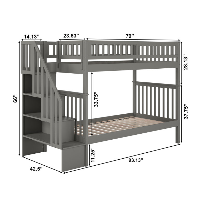 Ilariana Heavy Duty Kids Staircase Bunk Bed, Gray, Twin Over Twin