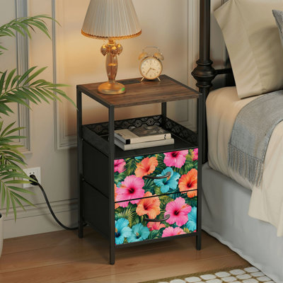Table de chevet 2 tiroirs avec station de charge, table de chevet avec ports USB et amp; Outlets, tablette ouverte noire, table de chevet avec imprimé de fleurs d'hibiscus tropicales et de feuilles vertes