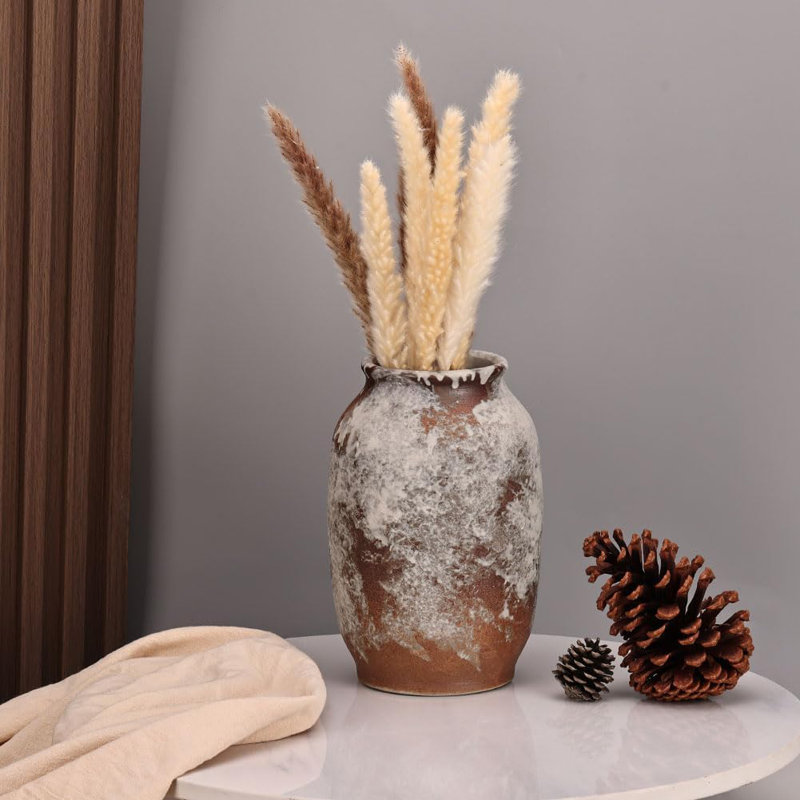 Rustic Ceramic Farmhouse Flower Large Vase, Distressed White Washed Terra Cotta Pottery Decorative Vase For Home Decor, Table, Living Room Decoration, Shelf Decor, Mantel Decor