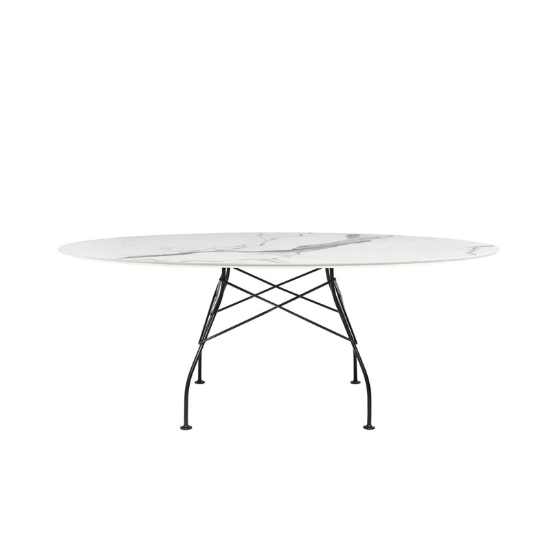 Table de salle à manger ovale brillante, Acier mat noir mat, Bianco