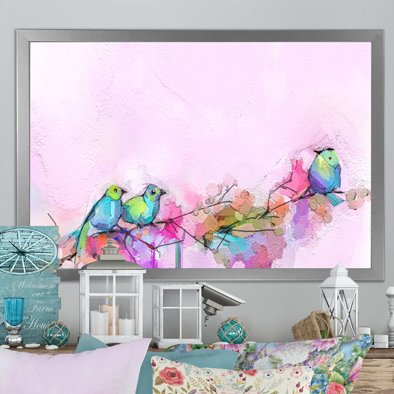 Pinceau rose et oiseaux mauves - reproduction sur toile avec cadre flottant, H 8 po x l 12 po x P 1 po, Cadre photo argenté