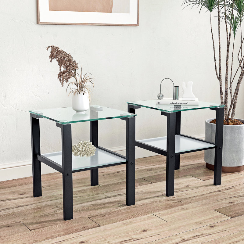 Ensemble de 2, table basse en verre à deux couches, petite table ronde, table d'angle, table d'appoint, transparent