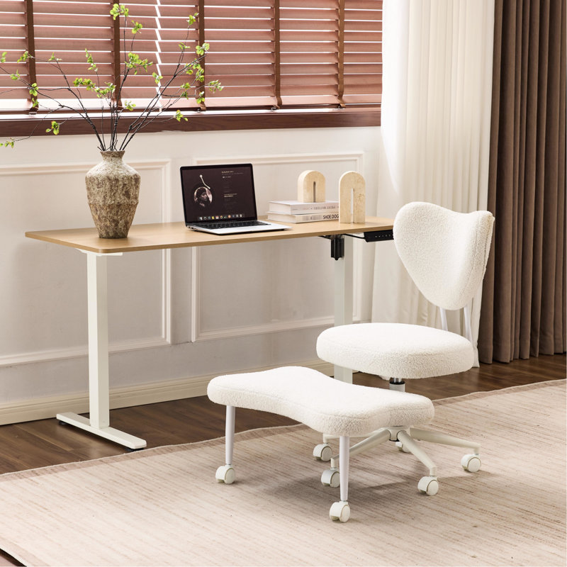 Chaise ergonomique pour le bureau, beige, soutien lombaire, coussin à hauteur réglable, tissu court, base en bois de peuplier, rembourrage en mousse, métal et fabrication, mouvement à 360 °, chaise de bureau de conception moderne,