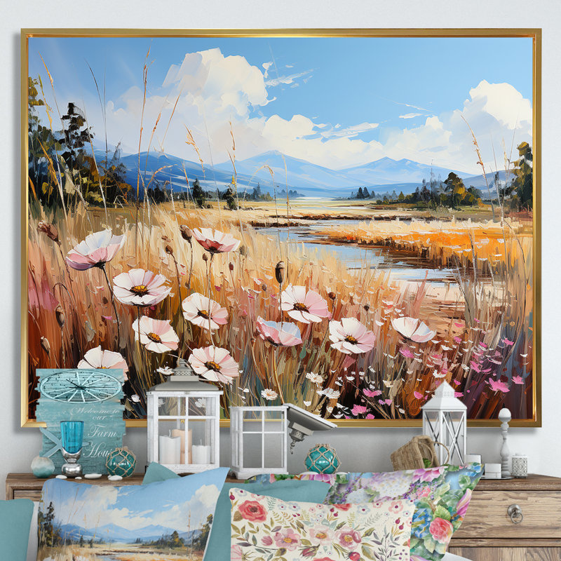 «White Wildflowers Mountain Charm», reproduction sur toile, Cadre flottant doré, H 16 po x l 32 po x P 1 po